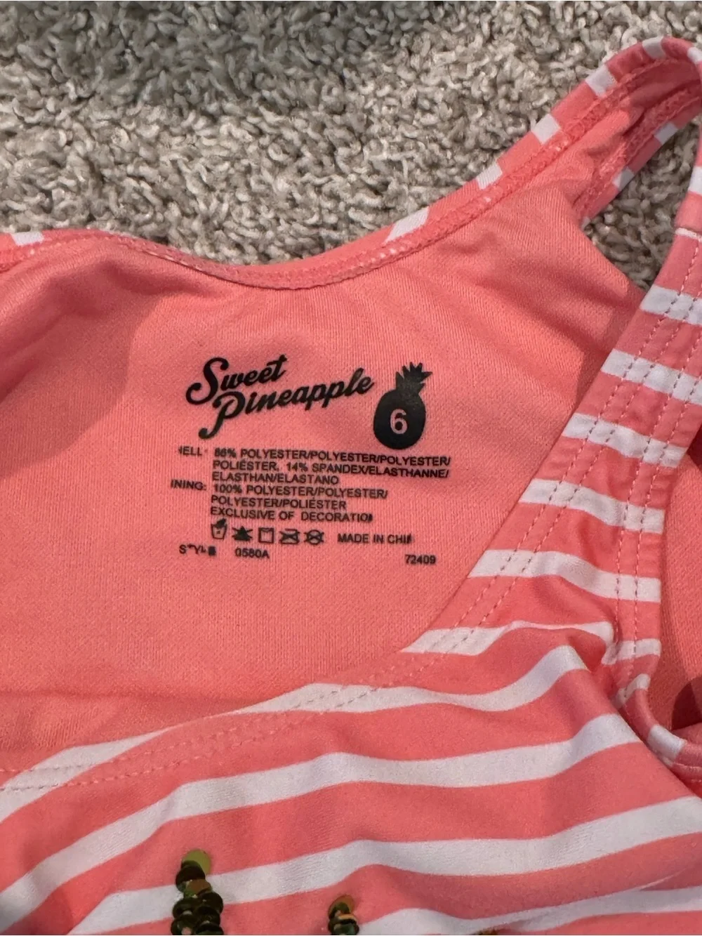 Girls Pink Stripe Pineapple Sequin Gold Sequin One-Piece Swimsuit Size 6